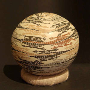 Bands of crocodiles decorate a polychrome seedpot