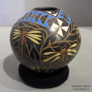 Sgraffito and painted dragonfly, branch and geometric design on a polychrome jar