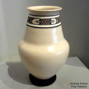 Geometric design in a band around the neck of a polychrome jar