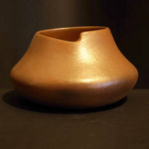 An organic opening on a golden micaceous jar