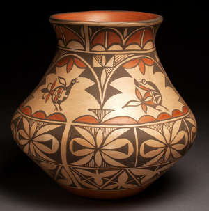 A modern jar decorated with bird and geometric design