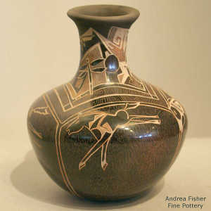 Sgraffito horse, dragonfly and geometric design on a brown vase with a flared opening