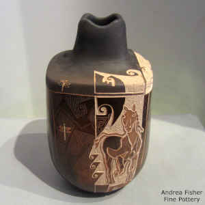 Sgraffito horse, bison, dragonfly, flower and geometric design on a brown jar