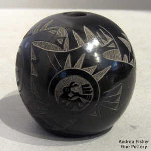 Sgraffito squirrel, quail, flute player and geometric design on a black seedpot