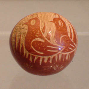 Sgraffito quail design on a miniature red seed pot