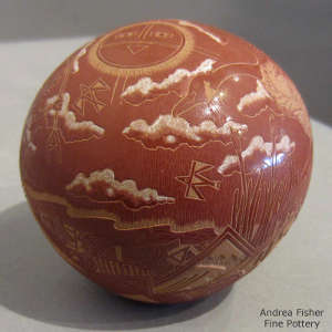 Sgraffitpo water scene on a red seedpot