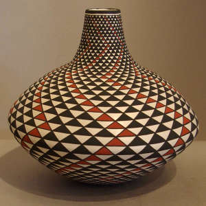 Polychrome thin neck jar with a geometric design, Click for a larger version Geometric design on a thin neck polychrome jar