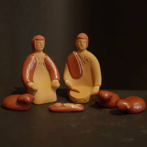 Carved redware nativity set with six pieces, Click for a larger version Six pieces in a carved redware nativity set