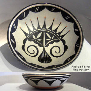 Polychrome bowl with black and white cotton and rain design inside, geometric design outside, Click to see a larger version Black and white cotton and rain design on the inside and geometric design on the outside of a polychrome bowl
