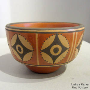 Geometric design outside and polished inside on this polychrome bowl