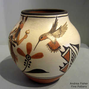 Dancer, hummingbird, flowers and geometric design on a polychrome jar