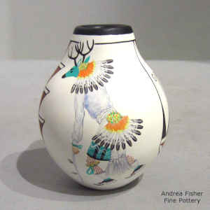Hunter, deer dancer and geometric design on a miniature polychrome jar
