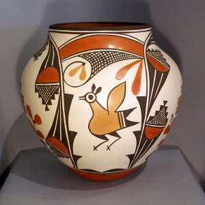Roadrunner, rainbow and geometric design on a polychrome jar