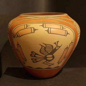 Rainbow, cloud, bird and geometric design on a polychrome olla