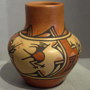 Roadrunner, corn and geometric designs on a polychrome pot