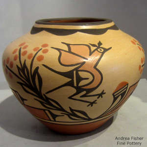 Roadrunner, floral and geometric design on a polychrome jar