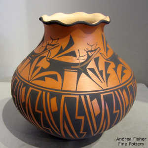 Deer, heart line, kiva step and geometric design on a polychrome jar with a pie crust rim