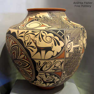 Deer, heart line, rosette, medallion, shard, bird element and geometric design on a polychrome jar