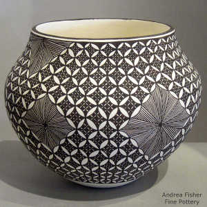 Fine line and geometric design on a black and white jar