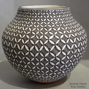 Black and white geometric design on a polychrome jar