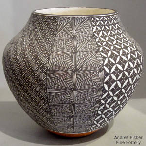 Fine line and geometric patterns design on a polychrome jar
