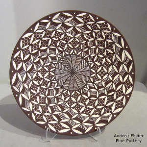 Fine line and geometric design on a black and white plate