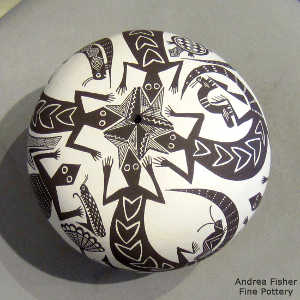 Turtle, insect, lizard, fine line and geometric design on a black and white seed pot