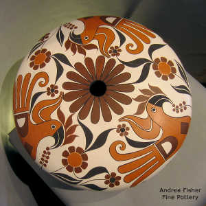 3-panel floral and parrot design on a polychrome seed pot