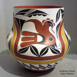 Rainbow, parrot and geometric design on a polychrome jar