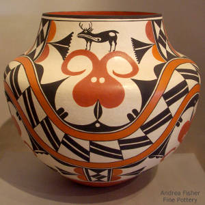 Deer, heart-line, rainbow and geometric design on a polychrome olla