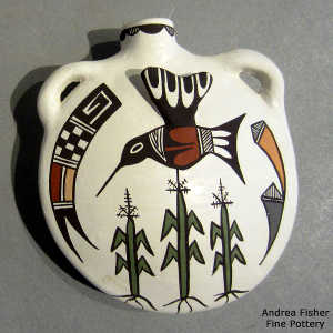 Corn plant, hummingbird and geometric design on a polychrome canteen