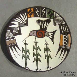 Hummingbird, corn plant and geometric design on a polychrome plate