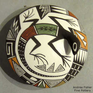 Fine line, insect, shard and geometric design on a polychrome seed pot