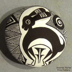 Rabbit, fine line and geometric design on a black and white seed pot