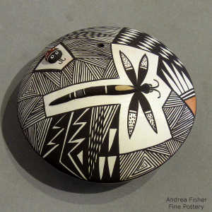 Dragonfly and geometric design ona apolychrome seed pot