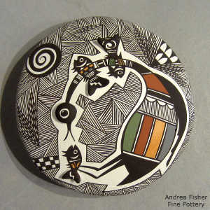 Cloudeater, fish, spiral, fine line and geometric design on a polychrome seed pot