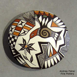 Hummingbird, flower and geometric design on a polychrome seed pot