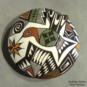 Hummingbird, flower and geometric design on a polychrome seed pot