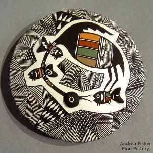 Cloudeater, fish, fine line and geometric design on a polychrome seed pot