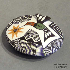 Hummingbird, flower, fine line and geometric design on a polychrome seed pot