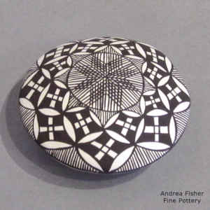 Fine line, pumpkin seed and geometric design on a black and white seed pot