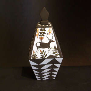 Deer, floral and geometric design on a lidded trinagular polychrome box