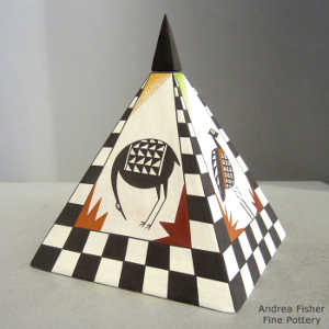 Mimbres bird and checkerboard design on a polychrome pyramid