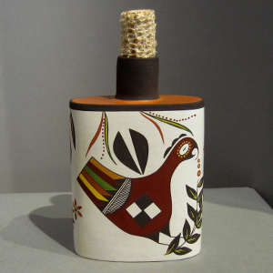 Parrot and floral design on a polychrome flask