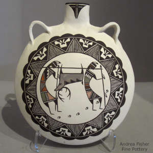 Hunters, deer and geometric design on a polychrome canteen
