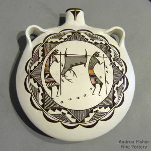 Hunters, deer and geometric design on a polychrome canteen