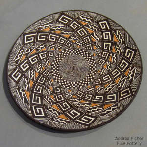 Fine line and swirl geometric design on a polychrome plate