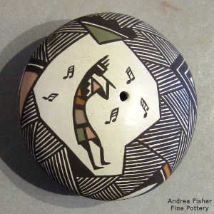 Fine line, kokopelli and geometric design on a polychrome seed pot
