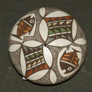 Mimbres fish, fine line and geometric designs on a polychrome seedpot