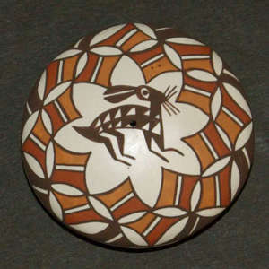 Mimbres rabbit and geometric designs on a polychrome seedpot